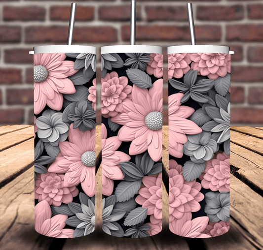 3D Flowers Pink and Grey Sublimation Tumbler 20oz 30oz